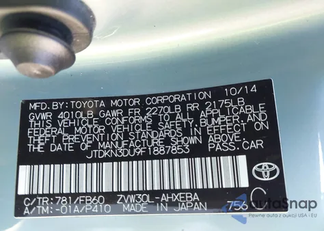 2015 Toyota Prius from USA, damaged, VIN JTDKN3DU9F1887853